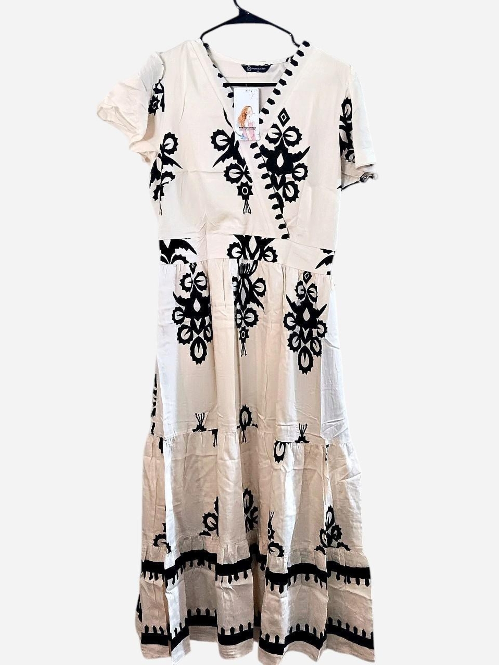 Women's Cream Maxi Dress with Black Embroidered Print Pretty Garden Lined